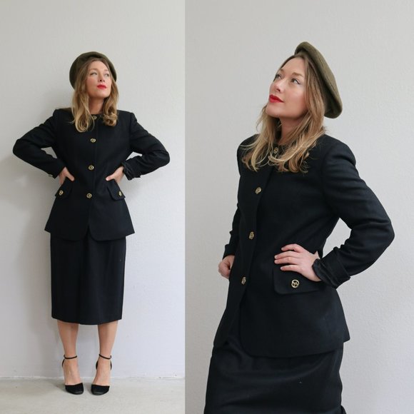 1990's Oleg Cassini Black Wool Suit Set // Women's Size Small // Structured - Picture 5 of 8
